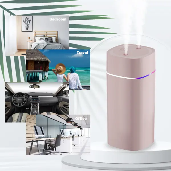 600ML Dual Spray Air Humidifier with Night Light – Silent Cool Mist Diffuser & Air Purifier for Home, Office, Bedroom, and Car (light pink)