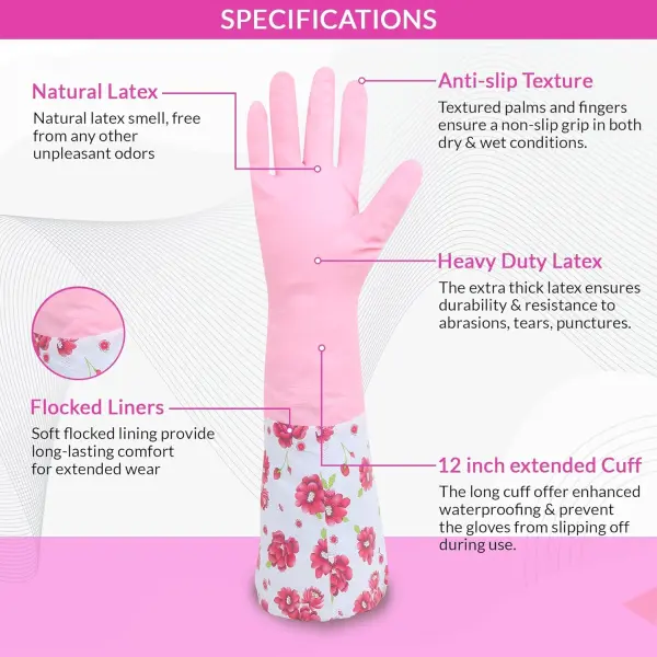 Reusable Waterproof Household Latex Hand Gloves for Kitchen Dish Washing Laundry Cleaning Gardening and Sanitation, pack of 2 (Pink girdle)
