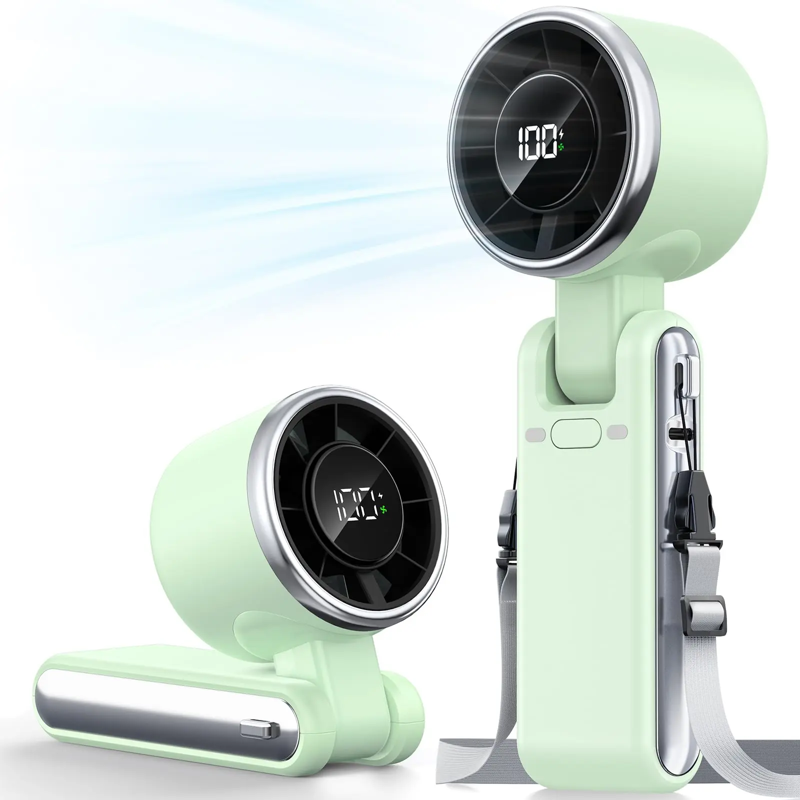 Mini Rechargeable Turbo Fan Portable Handheld Turbo Fan with massive Battery 5-Speed Adjustable Wind, Smart Digital LED Display, Hanging Neck & Handheld USB Rechargeable Fan (Green)
