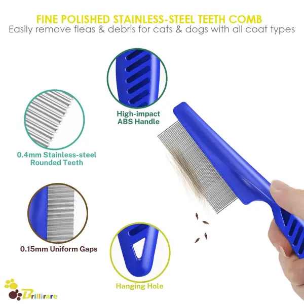Flea Lice Comb, Stainless Steel Dog Cat Grooming Combs with Rounded Teeth, Double Sided Professional Pet Tear Stain Remover, Dematting Tool for Small, Medium & Large Pets (Naked opp 5.5cm*6cm)