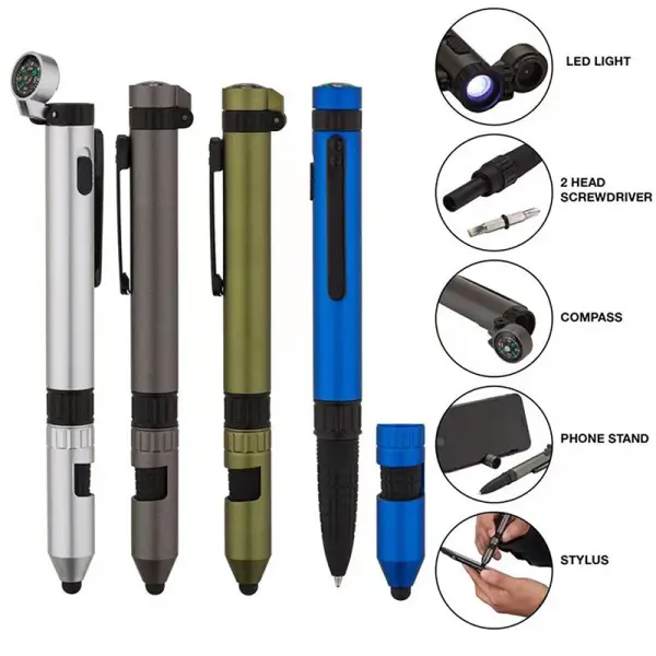 6-in-1 Multifunctional Pen with LED Light, Stylus, Compass | Outdoor Survival Tool for Military, Travel & Emergency