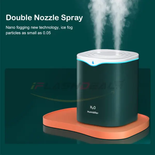 Portable USB Air Humidifier 2000ML (2L) – Green Dual Spray Whisper-Quiet Bedroom & Home Humidifier