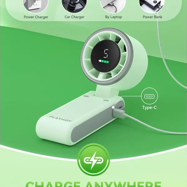 Mini Rechargeable Turbo Fan Portable Handheld Turbo Fan with massive Battery 5-Speed Adjustable Wind, Smart Digital LED Display, Hanging Neck & Handheld USB Rechargeable Fan (Green)