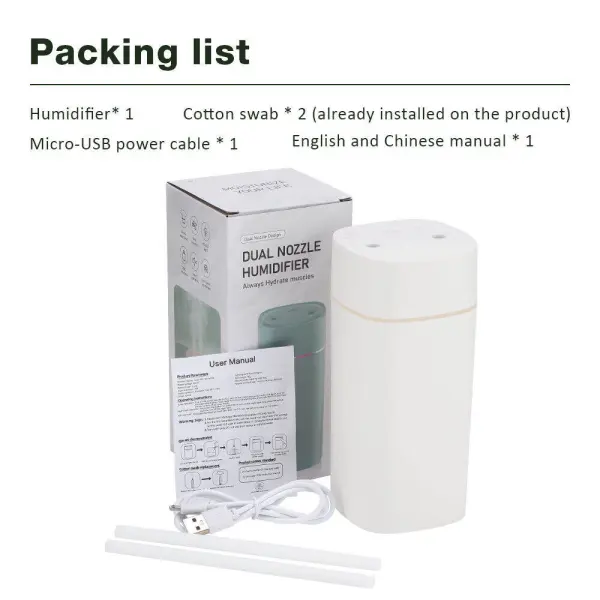 600ML Dual Spray Air Humidifier with Night Light – Silent Cool Mist Diffuser & Air Purifier for Home, Office, Bedroom, and Ca