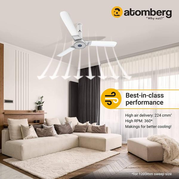 atomberg Studio+ 1200mm BLDC Motor 5 Star Rated Ceiling Fans for Home with Remote Control | Upto 65% Energy Saving High Speed Fan with LED Lights | 2+1 Year Warranty (Marble White)