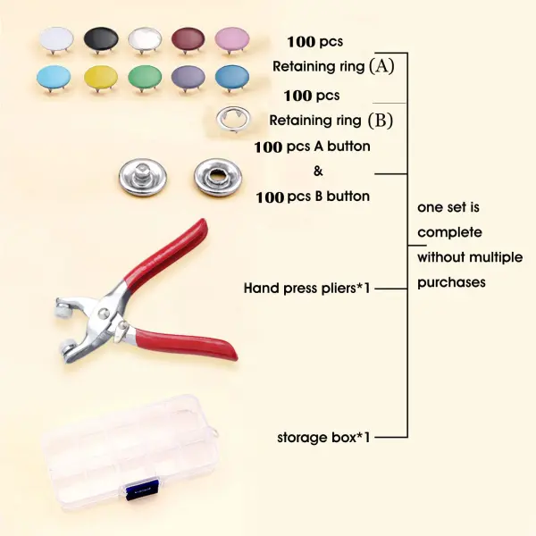 100/ Sets Metal Snaps Buttons with Fastener Pliers Press Tool Kit Perfect for DIY Crafts Clothes Hats and Sewing, Snap Button Fasteners Kit for Clothing Sewing