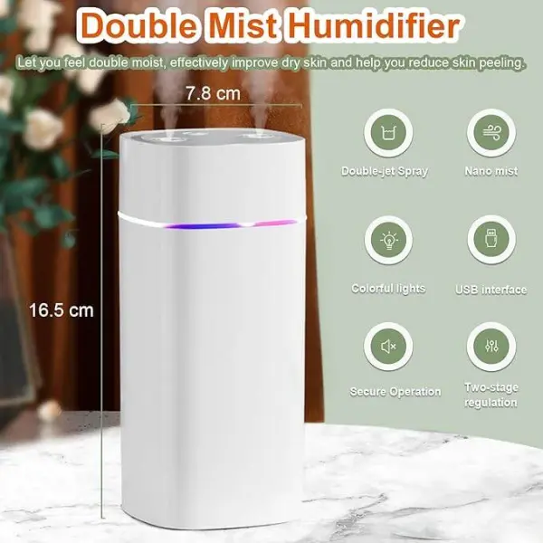 600ML Dual Spray Air Humidifier with Night Light – Silent Cool Mist Diffuser & Air Purifier for Home, Office, Bedroom, and Car (Light green)
