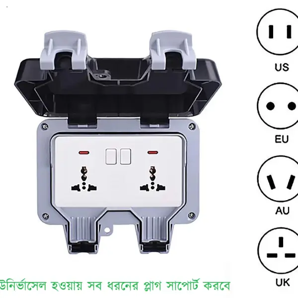 Universal Outdoor Wall Socket, Weatherproof Power Outlet with Cover, Waterproof IP66 2-Gang Switched Socket (White)